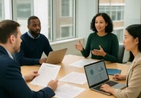 Inclusive hiring team reviewing fair hiring policy in a team meeting.