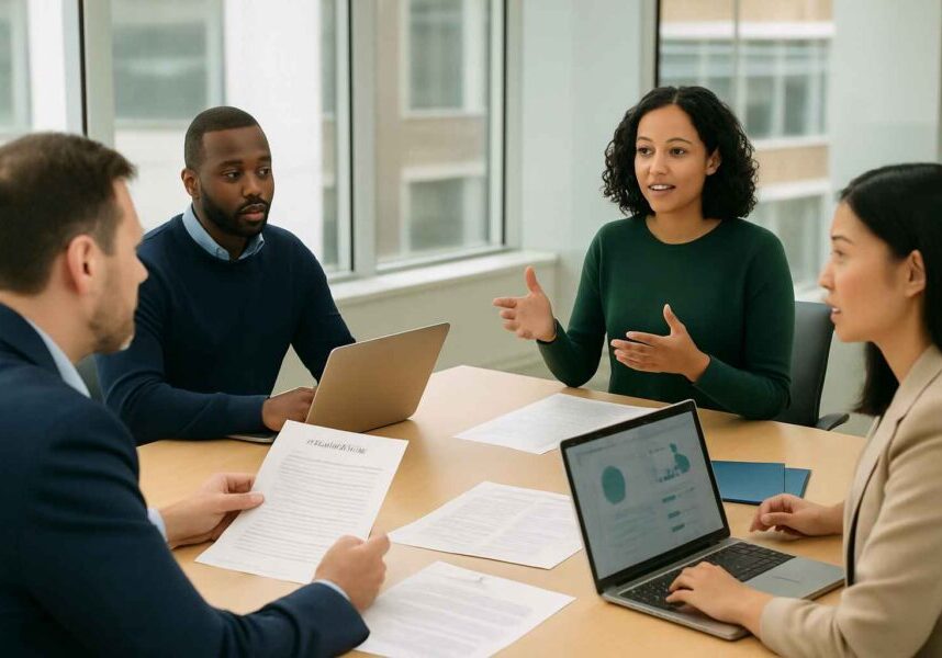 Inclusive hiring team reviewing fair hiring policy in a team meeting.