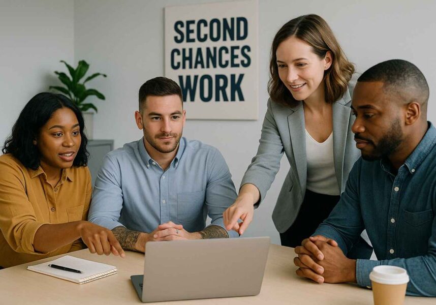 Inclusive team at work in a company supporting second chances.