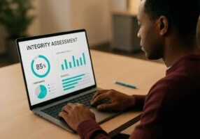 A recruiter analyzing detailed integrity assessment results on a laptop with statistics, used to detect workplace behavior risks before hiring.