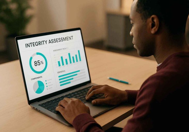 A recruiter analyzing detailed integrity assessment results on a laptop with statistics, used to detect workplace behavior risks before hiring.