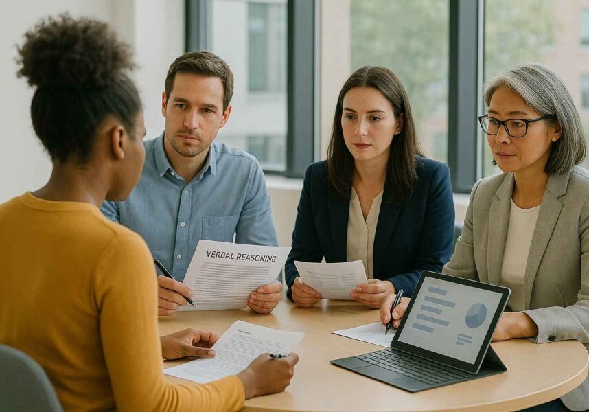 Interview panel independently scoring a candidate using structured scorecards.