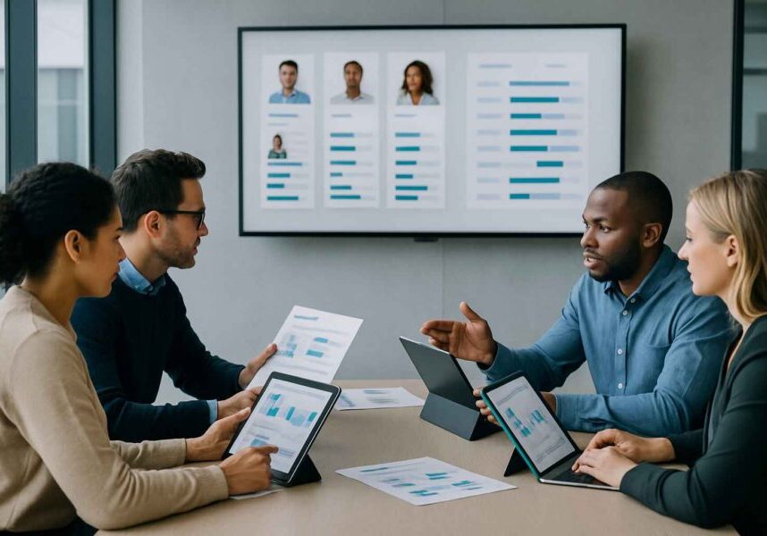 Hiring team reviewing scorecards collaboratively during debrief.