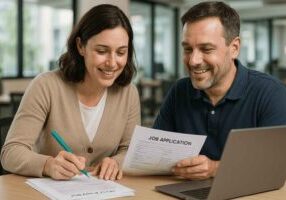 HR manager assisting a job applicant in filling out a paper application for roles aimed to hire walk-in laborers