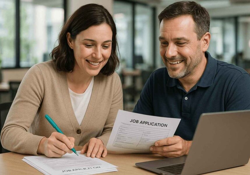 HR manager assisting a job applicant in filling out a paper application for roles aimed to hire walk-in laborers