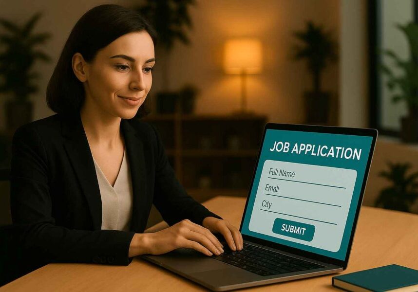 A female candidate filling up job application form.