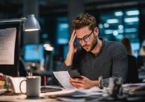 A recruiter visibly stressed while juggling missed calls and unanswered emails