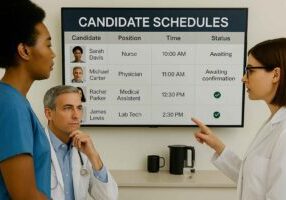 Healthcare team reviewing ATS hiring data across multiple roles.