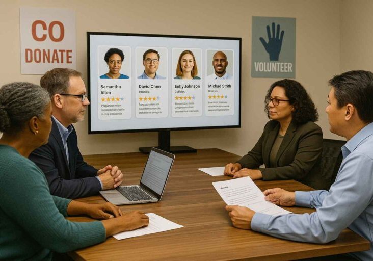 Nonprofit board members discuss candidate profiles displayed on an ATS screen, demonstrating how ats for nonprofit organizations supports collaborative hiring.