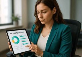 A female showing personality feedback on tablet screen.