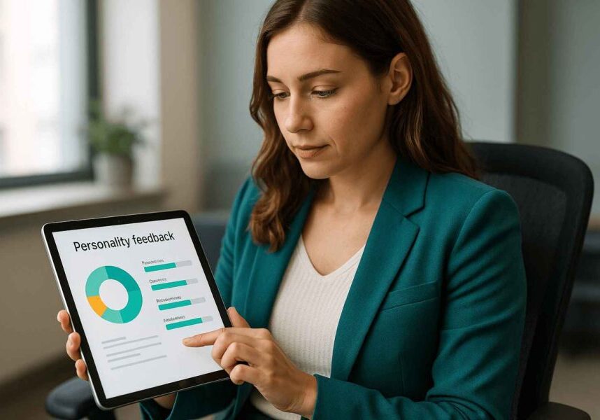 A female showing personality feedback on tablet screen.