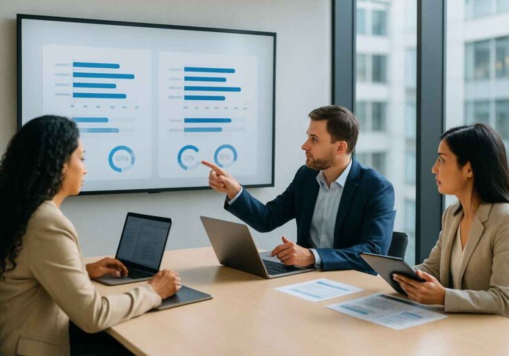 Hiring team using automation dashboard to compare candidates fairly after interviews.
