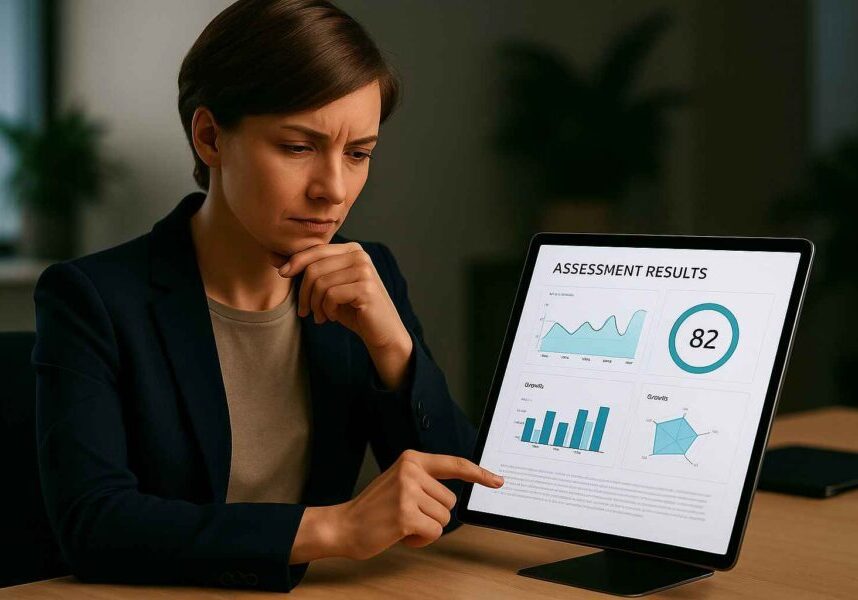 A recruiter evaluating a candidate’s digital assessment results on a tablet, including graphs and scoring dashboards to support data-driven hiring decisions.