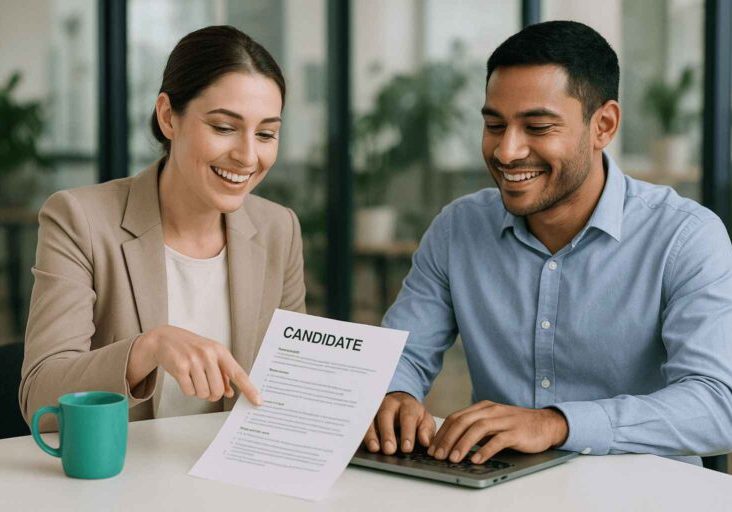 Recruiter and candidate discussing previous application outcome and new opportunities to Re-Engage Past Candidates.