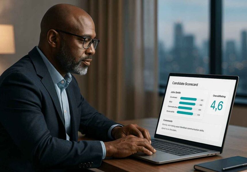 A recruiter assessing a sales candidate using a digital scorecard to make objective hiring decisions based on weighted evaluation criteria.