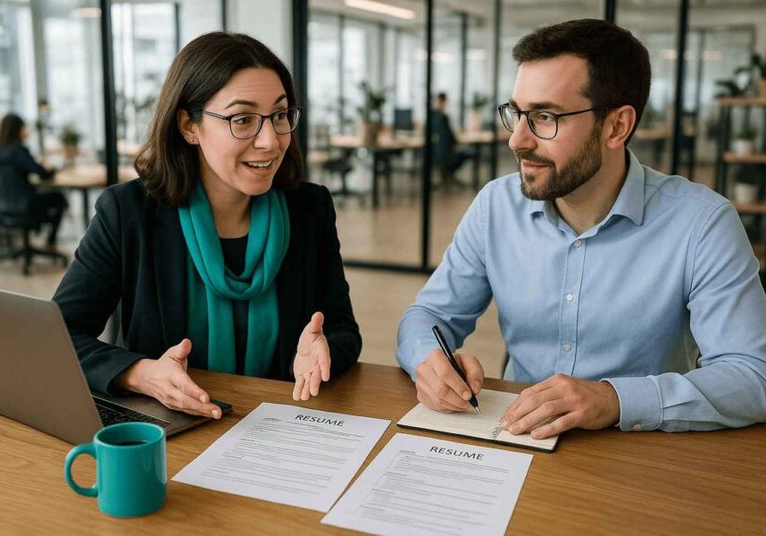Hiring manager and recruiter discussing candidate resumes during an interview evaluation session using AI resume screening insights.