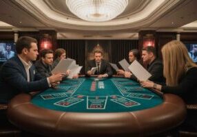 Poker players holding resumes instead of cards, metaphor for high-stakes sales hiring.