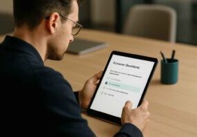 Hiring manager reviewing candidate screener questions on a tablet with a selected response.