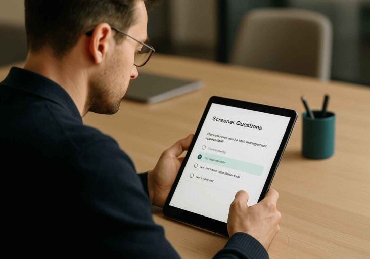 Hiring manager reviewing candidate screener questions on a tablet with a selected response.