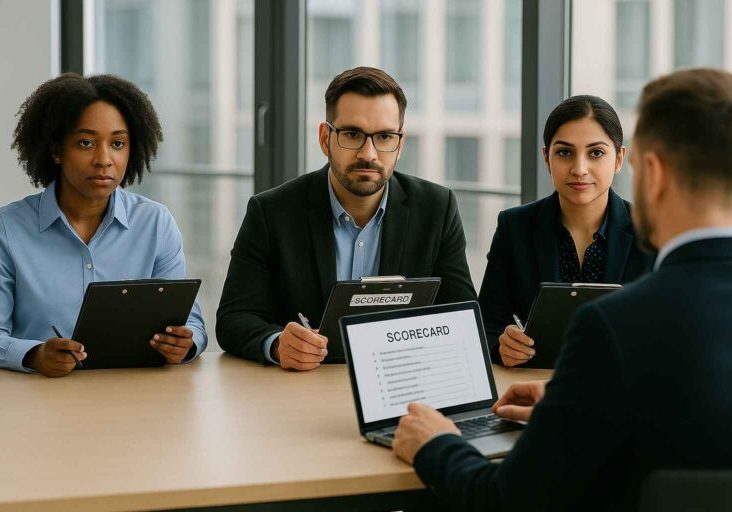 Diverse hiring panel using structured scorecards in an inclusive interview.