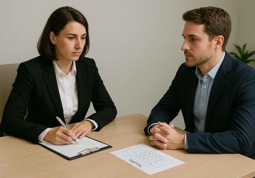 HR manager conducting a structured interview with a candidate, illustrating objective fair hiring practices.