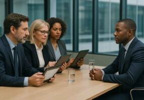 Diverse interview panel using structured hiring methods in a bank.