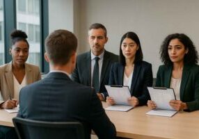 Diverse hiring panel using scorecards to ensure fair evaluation.