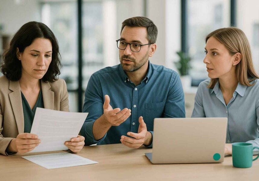 HR team in a meeting discussing performance metrics and reviewing resumes for recent hires.