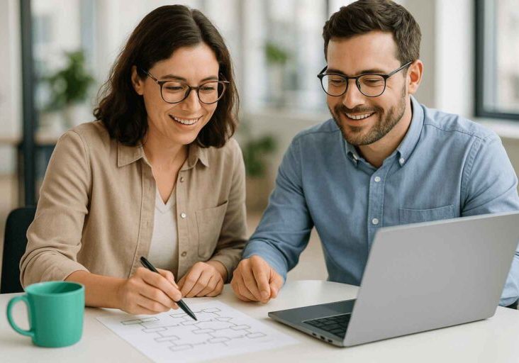 Two team members collaborating on a custom recruitment workflow using a laptop and paper diagram