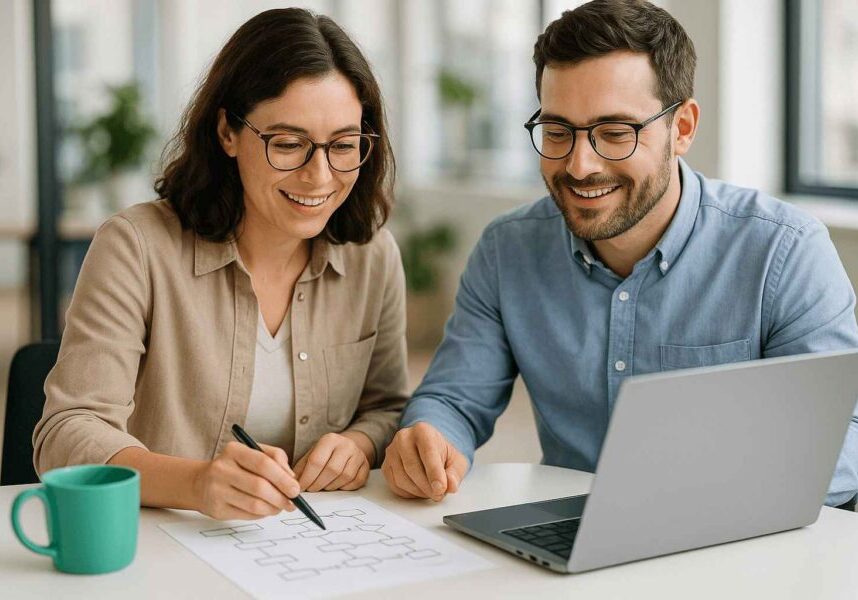 Two team members collaborating on a custom recruitment workflow using a laptop and paper diagram