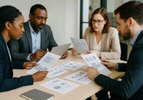 Hiring team comparing interview scorecards in a meeting.