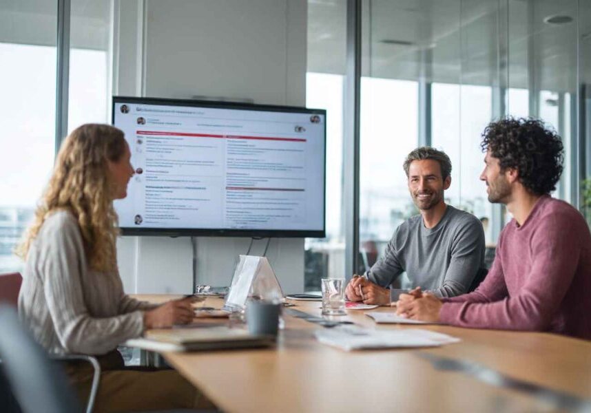 Recruitment team discussing automated reference check results in a meeting