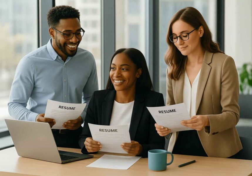 Diverse recruiting team smiling and reviewing candidate resumes together after initial AI screening.