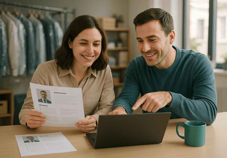 Two TopLine managers smiling while reviewing applicant profiles and discussing hiring results using a laptop.