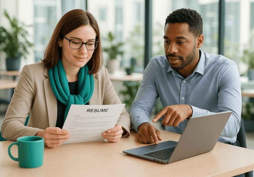 HR professionals collaborating on screening criteria to streamline candidate rejection process.