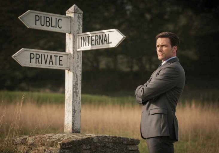 Recruiter standing at crossroads with signs for public, internal, and private postings, symbolizing strategic hiring choices.