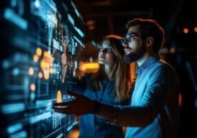 Two professionals view a holographic roadmap showing talent strategies, AI trends, and future skill needs in a futuristic workspace.