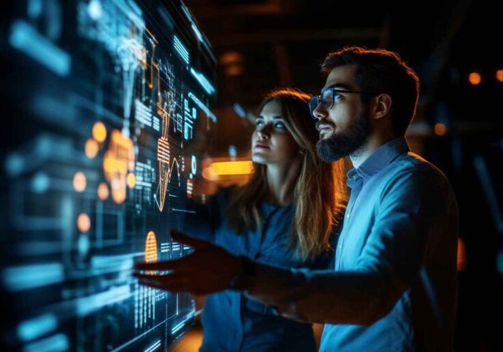 Two professionals view a holographic roadmap showing talent strategies, AI trends, and future skill needs in a futuristic workspace.