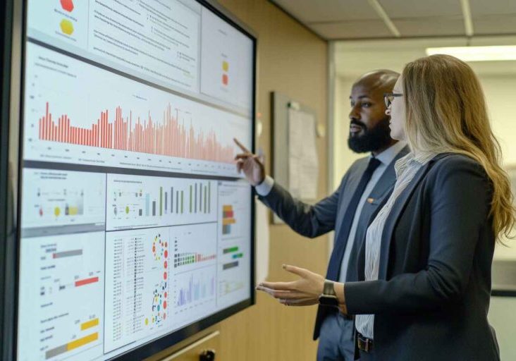 DEI officer reviewing NHS diversity hiring metrics on screen.