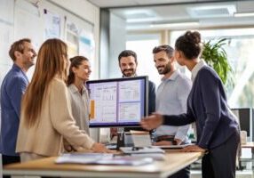 Diverse healthcare recruitment team using a digital hiring platform for care assistant roles.