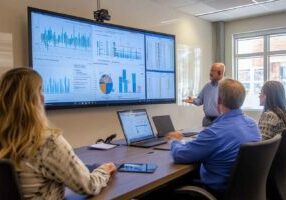 Recruitment team discussing hiring progress around a digital dashboard.