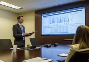 Legal recruiter presenting ATS compliance data to law firm leadership.