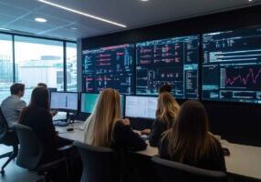 Team of recruiters using digital dashboards to manage candidates and clients in an open-plan office.