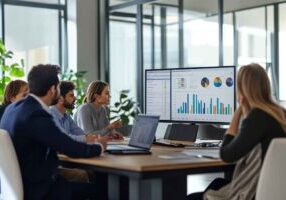 Research hiring team reviewing postdoc applications on an online dashboard.