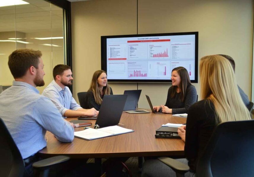 Staffing agency team reviewing ATS performance analytics.