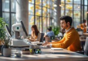 Futuristic depiction of the 2025 labor market featuring AI tools, automation, and diverse professionals in a modern workplace.