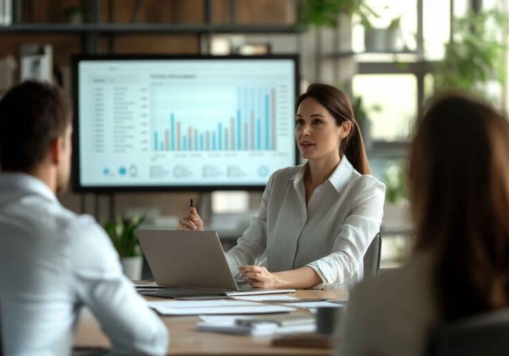 HR professional leading a performance review meeting with a diverse team of employees.