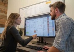 Small business team collaborating over candidate profiles using hiring software.