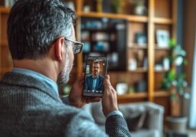 An HR professional watching a one-way video interview of a candidate on his phone.