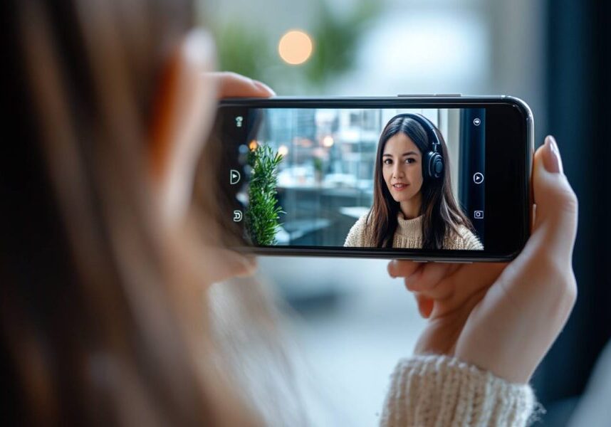 A candidate is answering one-way video interview questions on a phone screen.